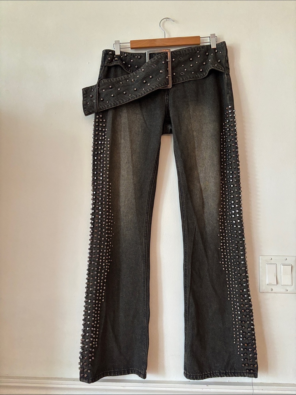 Jaded London Black Studded Flared Jeans with Buckle Waist